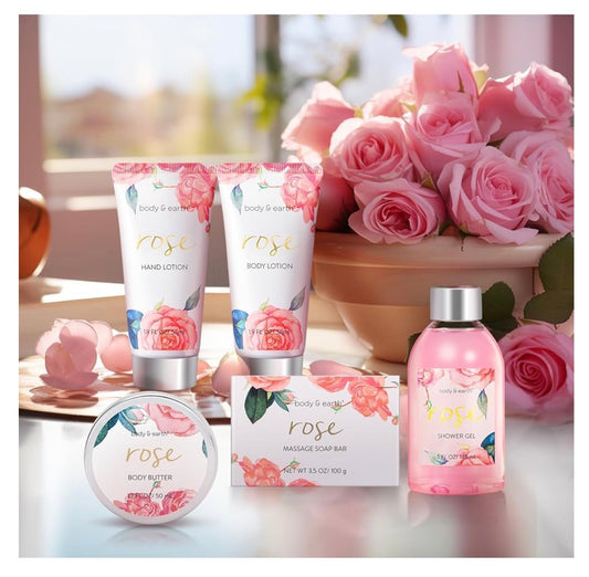 BODY & EARTH Spa Gift Set for Women - Luxurious 5 Pcs Bath and Body Gift Sets with Rose Scent, Spa Gift Box, Bath Set Includes Body Wash, Body Butter, Body Lotion and More, Birthday Gifts for Women.