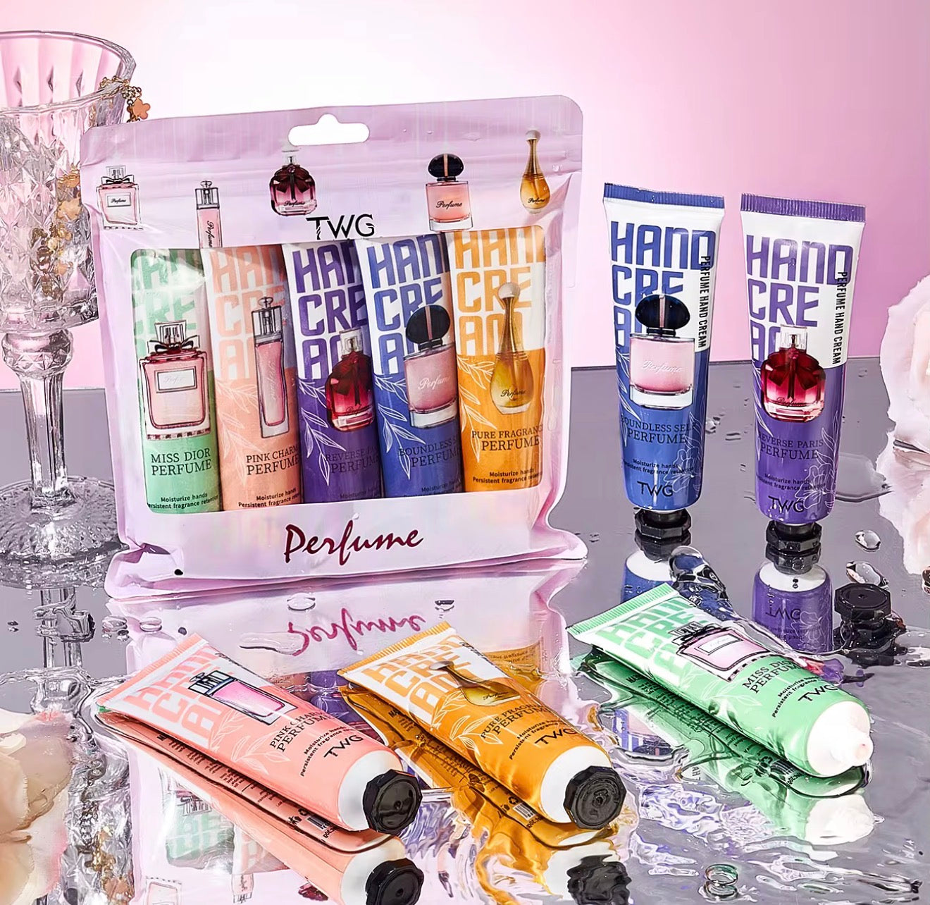 Luxury Hand Cream Gift Set (5×30 g) – Moisturizing & Whitening Formula with Sunflower, Jojoba & Camellia Oils – Floral Perfumed Hand Lotion Collection.