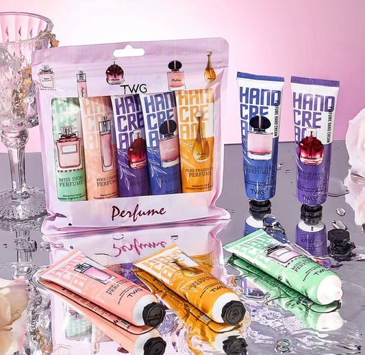 Luxury Hand Cream Gift Set (5×30 g) – Moisturizing & Whitening Formula with Sunflower, Jojoba & Camellia Oils – Floral Perfumed Hand Lotion Collection.