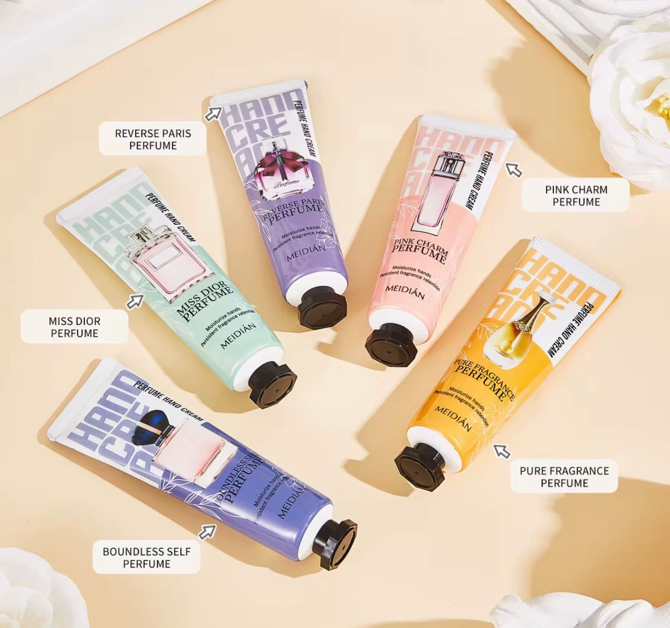 Luxury Hand Cream Gift Set (5×30 g) – Moisturizing & Whitening Formula with Sunflower, Jojoba & Camellia Oils – Floral Perfumed Hand Lotion Collection.