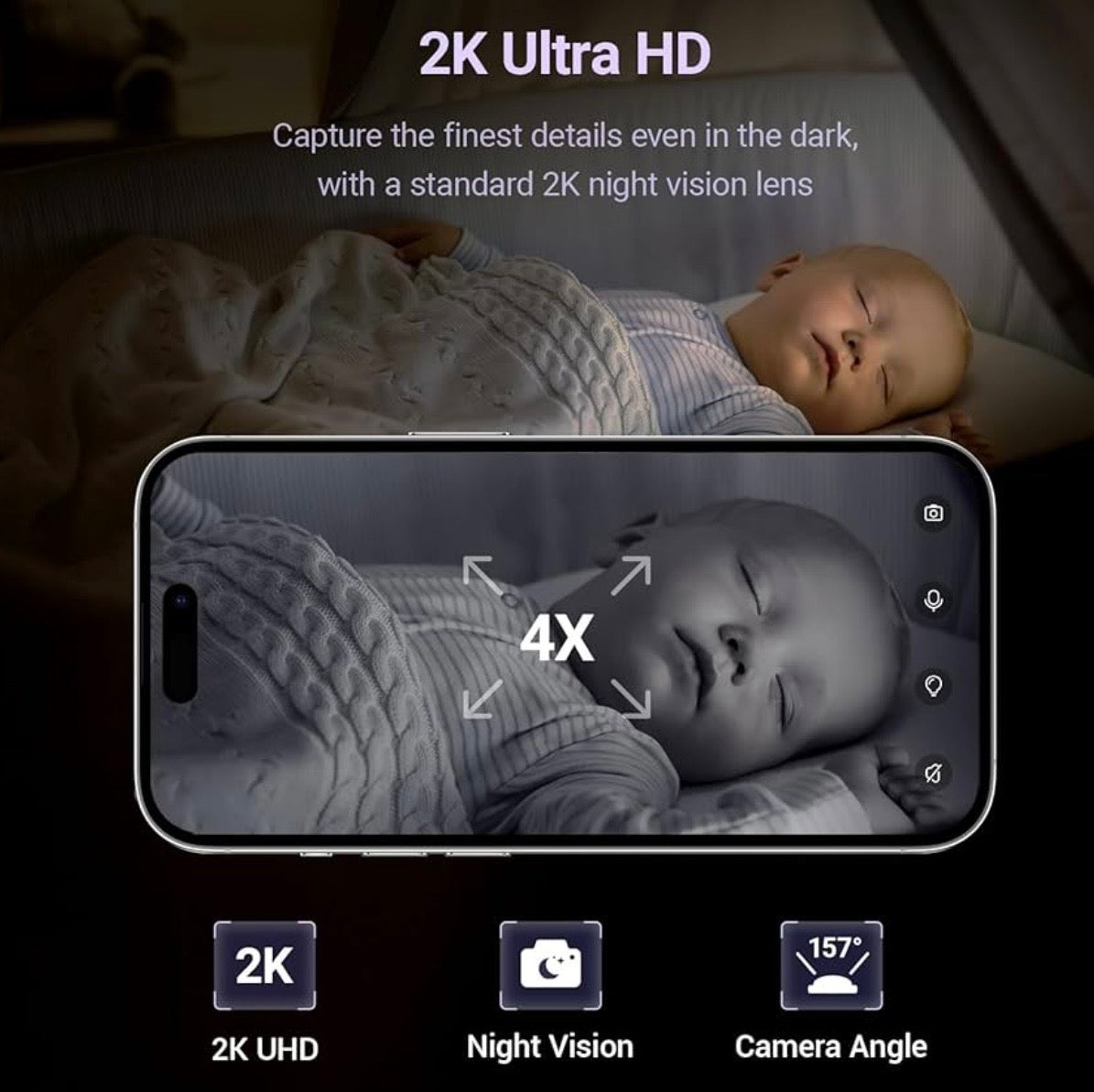 Smart Baby Monitor Contact-Free AI Solution for Breathing Tracker & Cry/Cross/Safe Zone Detection, 2K Viedo Camera HD Night Vision, 2-Way Audio, Soothing Sounds, No Monthly Fee Wall-Mount