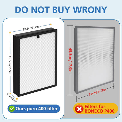 400 Air Purifier Replacement Filter True HP-14 HEPA Filter Compatible with Puro 400 Air Purifier, 3-in-1 HEPA with Activated Carbon Filter Attach 99.97% of Pet Dander, Smoke, Pollen, 2 Pack