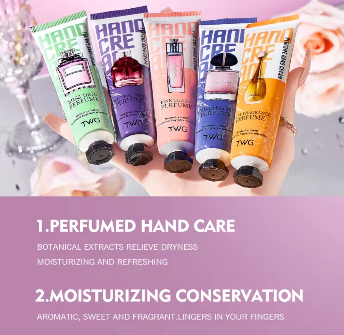 Luxury Hand Cream Gift Set (5×30 g) – Moisturizing & Whitening Formula with Sunflower, Jojoba & Camellia Oils – Floral Perfumed Hand Lotion Collection.