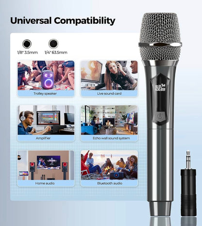 Wireless Microphone, Dual Handheld Cordless Microphone System with Rechargeable Receiver, 50H Duration, 200ft Range, Karaoke Microphones for Singing, Wedding, DJ, Party, Speech (Black)