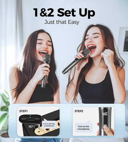 Wireless Microphone, Dual Handheld Cordless Microphone System with Rechargeable Receiver, 50H Duration, 200ft Range, Karaoke Microphones for Singing, Wedding, DJ, Party, Speech (Black)