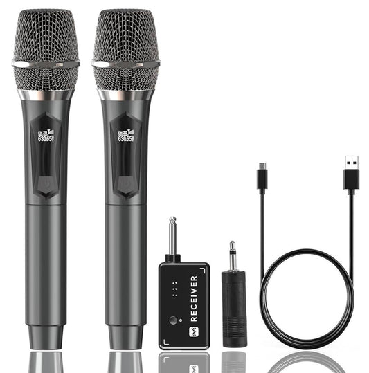 Wireless Microphone, Dual Handheld Cordless Microphone System with Rechargeable Receiver, 50H Duration, 200ft Range, Karaoke Microphones for Singing, Wedding, DJ, Party, Speech (Black)