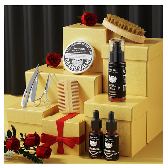 Beard Grooming Kit for Men Care: Trimming Sets with Beard Wash - Oil - Balm - Brush - Comb & Straight Razor, Birthday Christmas Gifts Mens Stocking Stuffers for Him Boyfriend Dad Husband