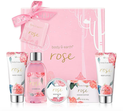 BODY & EARTH Spa Gift Set for Women - Luxurious 5 Pcs Bath and Body Gift Sets with Rose Scent, Spa Gift Box, Bath Set Includes Body Wash, Body Butter, Body Lotion and More, Birthday Gifts for Women.