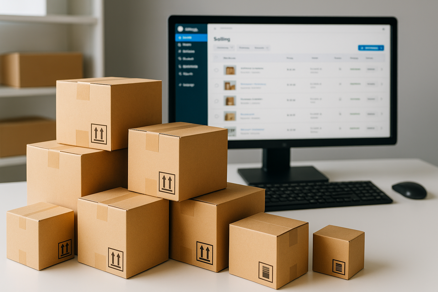 Image contain boxes from shopping and computer in the background selling